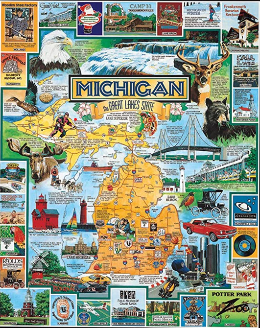 Colorful illustrated map of Michigan with surrounding collage of state landmarks, nature scenes, and travel posters