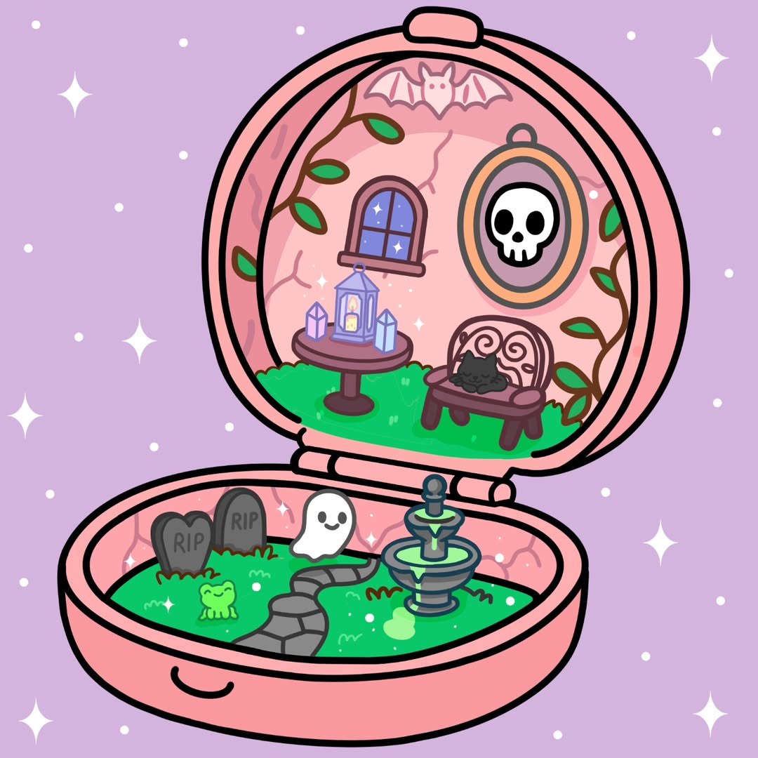 Cute cartoon pink compact mirror open to reveal a miniature Halloween diorama with ghosts and gravestones
