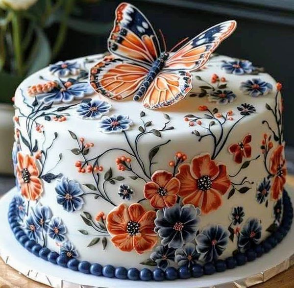 Round cake with white frosting, floral decorations, and orange butterfly on top