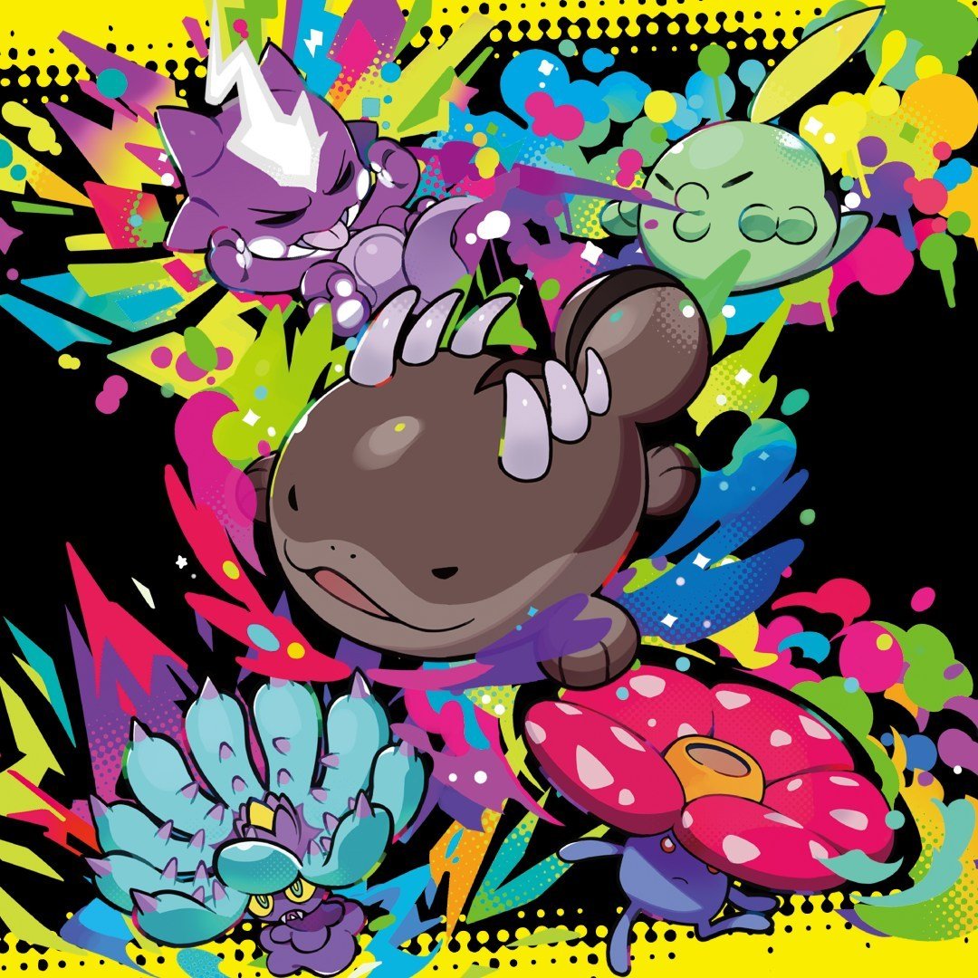 Clodsire Pokemon character with purple spines on colorful splattered background with flowers