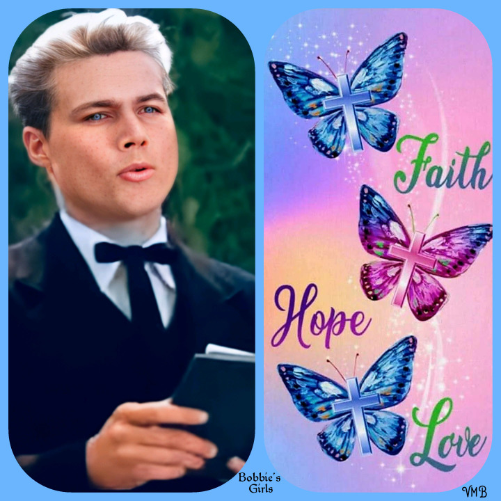 Split collage of a tuxedoed man holding a book next to butterflies and the words Faith, Hope, and Love