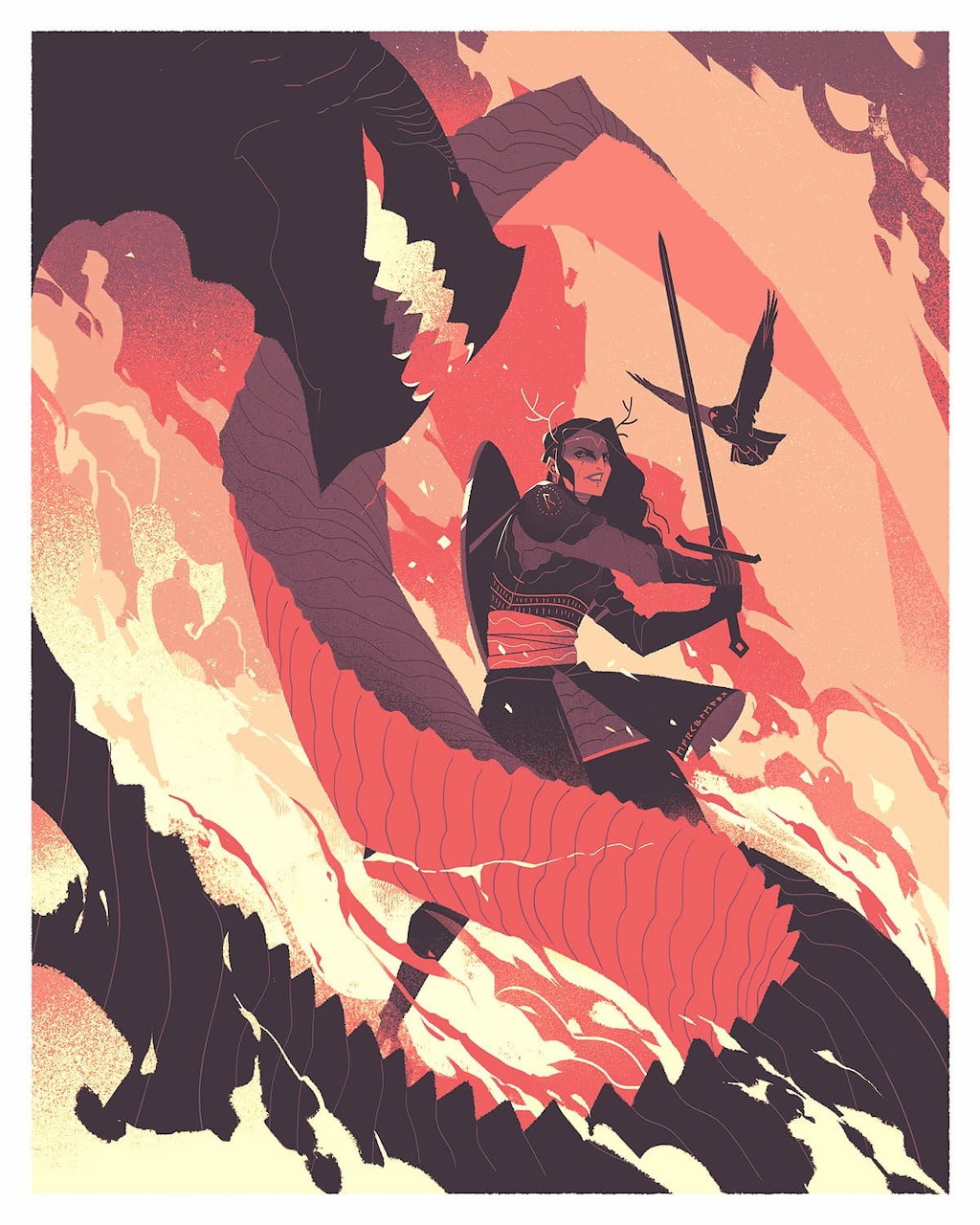 Warrior in armor fighting a dragon surrounded by flames in stylized red and orange illustration