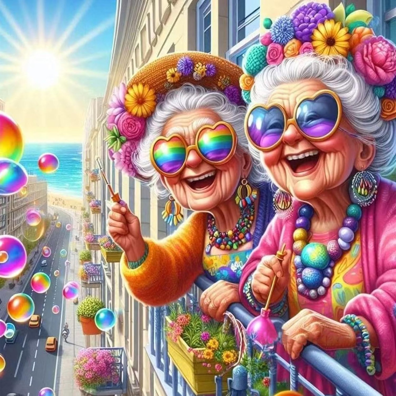 Two smiling grandmas in colorful outfits and sunglasses blowing bubbles on a beach balcony