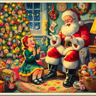 Illustration of Santa Claus with a little girl beside a decorated Christmas tree in a cozy room