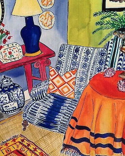 Colorful painting of interior with patterned fabrics, blue pottery, red table and orange curtain