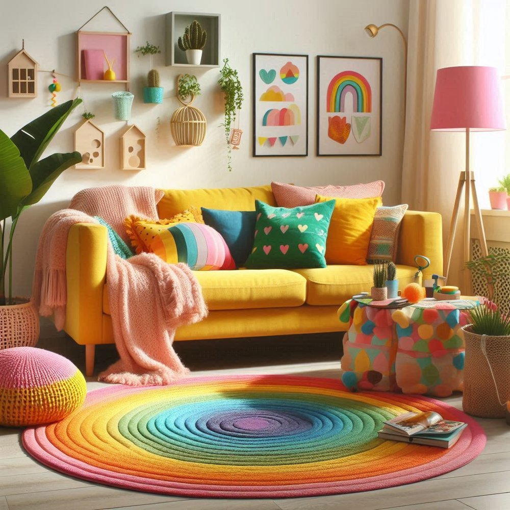 Bright living room with yellow couch, rainbow semicircle rug, and colorful decorative accents