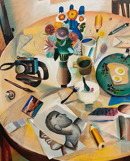 Colorful painting of a cluttered table with flowers, fried eggs, camera, coffee cup, and scattered papers