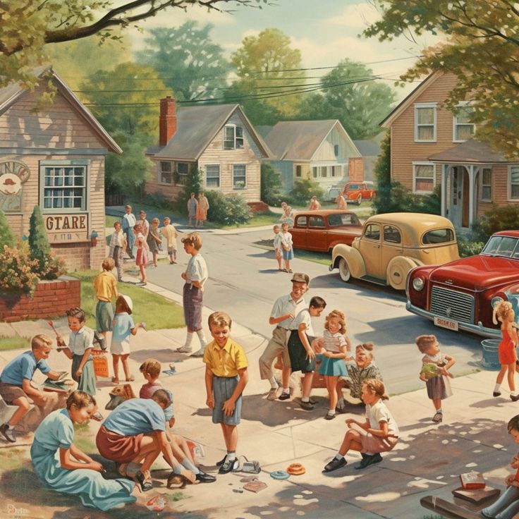 Vintage illustration of children playing in a suburban neighborhood street with houses and classic cars