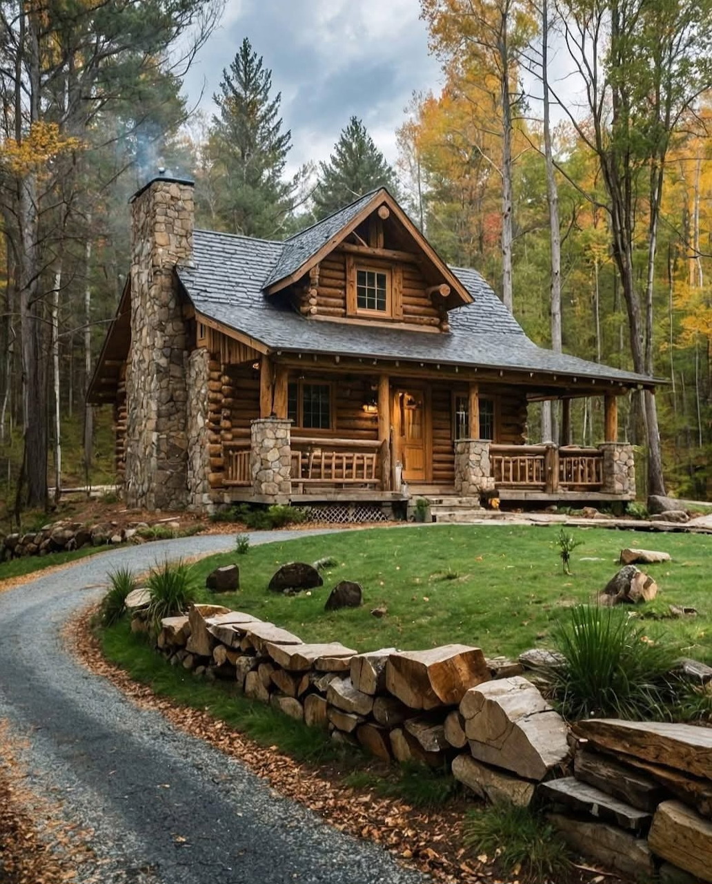 Rustic Log Cabin in Autumn