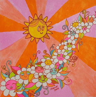 Colorful drawing of a smiling sun and pastel flowers on a pink and orange burst background