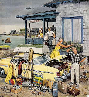 Vintage illustration showing family loading yellow convertible at rural gas station with camping equipment
