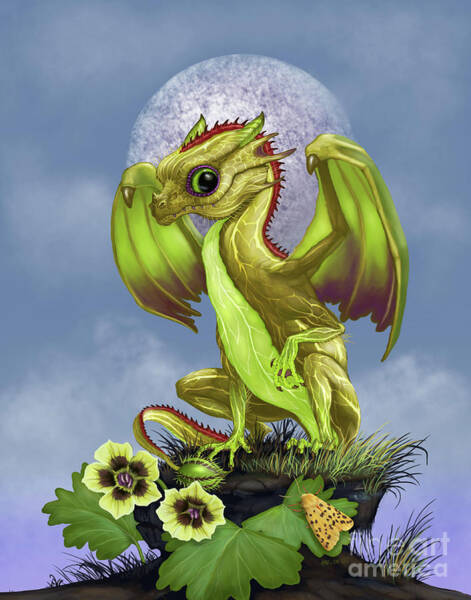 Small fantasy dragon among gooseberries and leaves