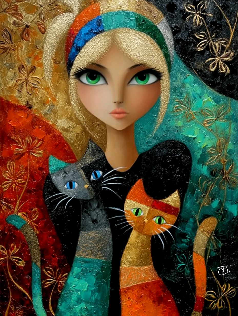 Stylized girl with turquoise hair holding a black cat against ornate patterned background
