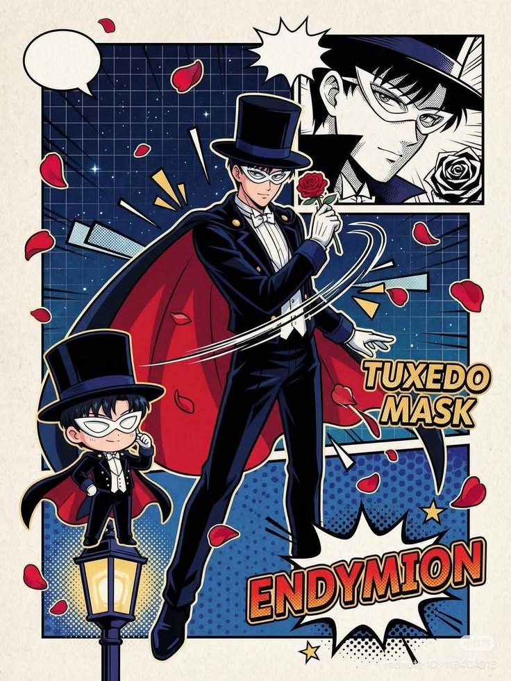 Anime illustration of Tuxedo Mask Endymion in black top hat and red cape holding a rose and cane