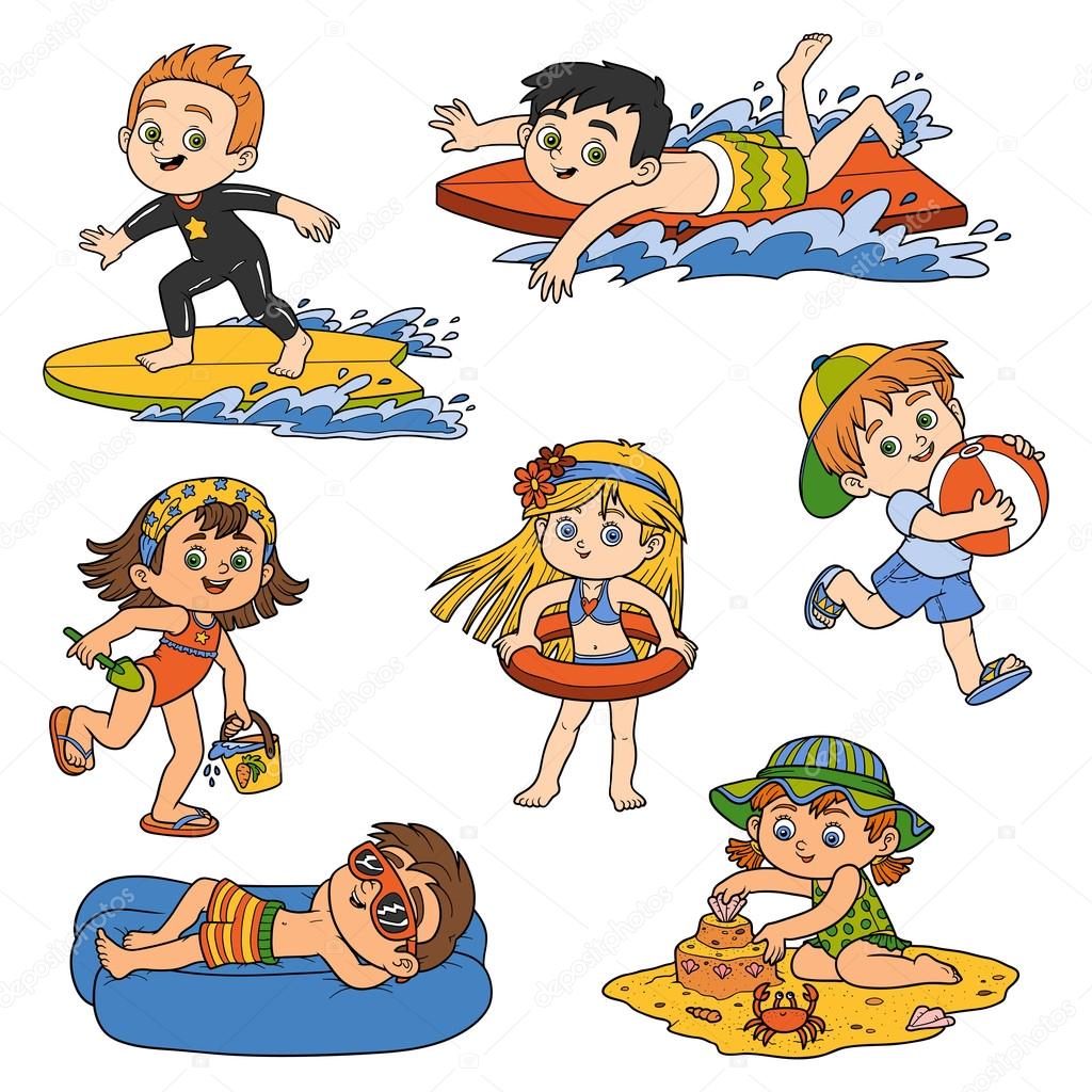 Cartoon children doing summer activities including surfing, swimming, running with a beach ball, and sand play