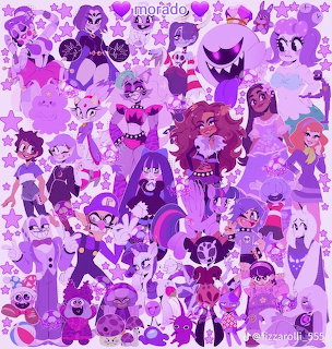 Dense collage of purple cartoon characters from various franchises including Pokemon and animated series