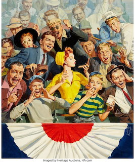 Vintage illustration of excited baseball fans cheering in stadium stands behind red white and blue bunting