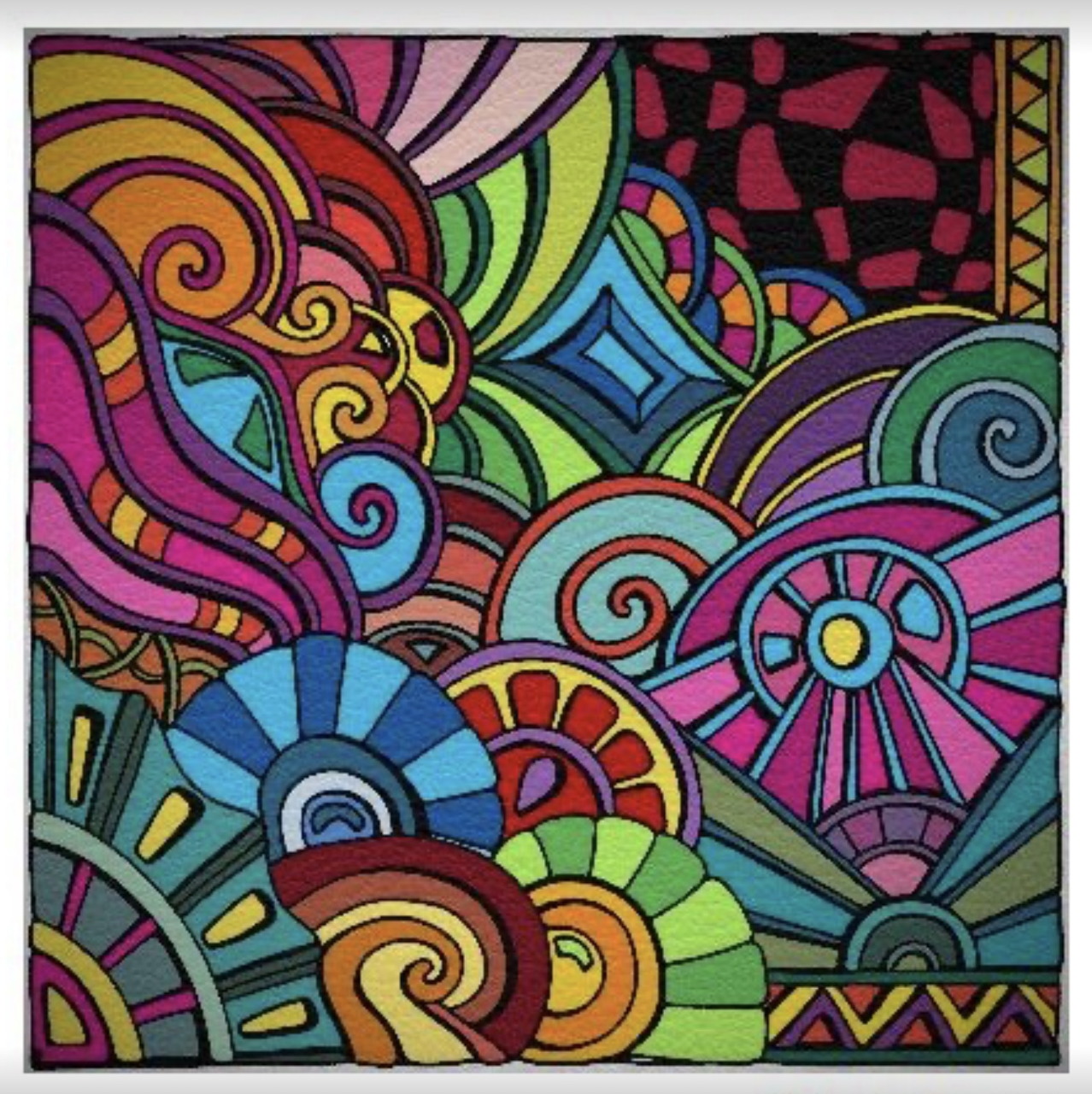 Colorful abstract art with swirls, circles, and geometric patterns resembling stained glass with rainbow hues