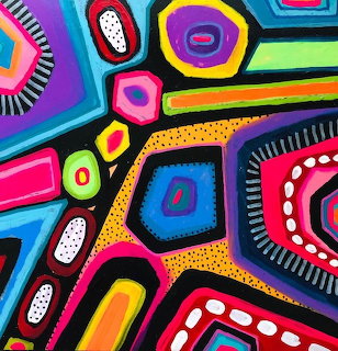 Colorful abstract geometric art with bold shapes, dots, and patterns in bright neon colors