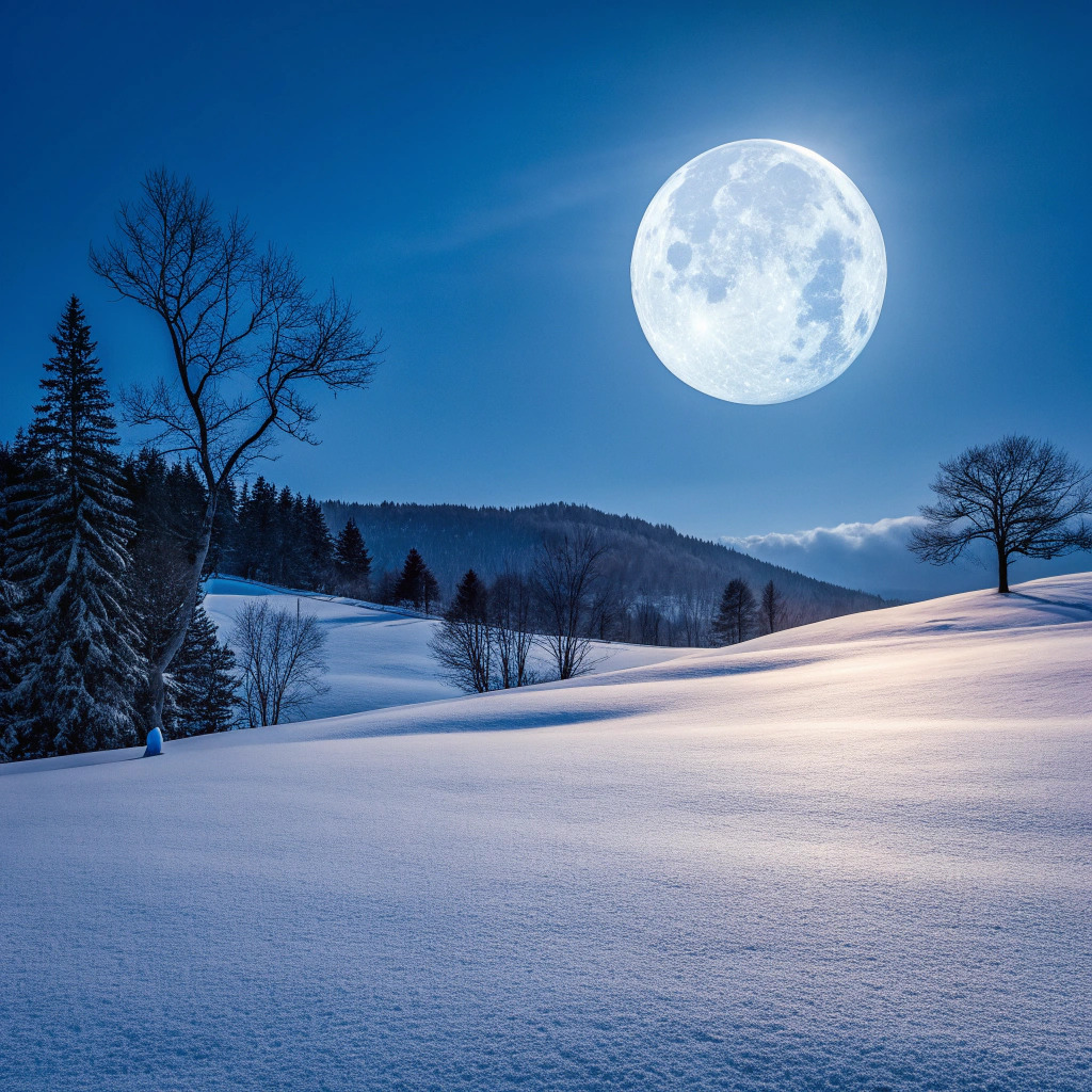 Full moon over snowy hills with bare trees and a forest at night