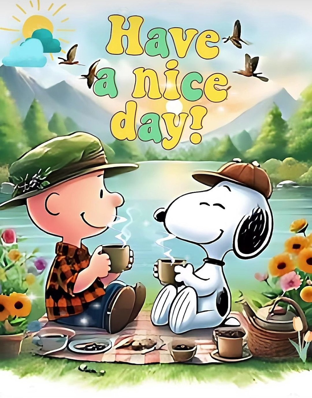 Snoopy and Charlie Brown sitting at a picnic with food, mountains and birds in background, Have a nice day text above
