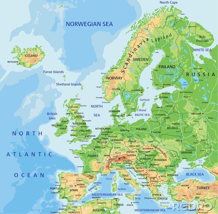 Physical map of Europe with countries, terrain, and major geographic features labeled