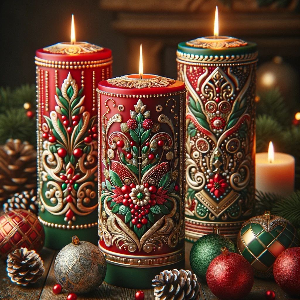 Three decorated Christmas candles with pine cones and colorful ornaments