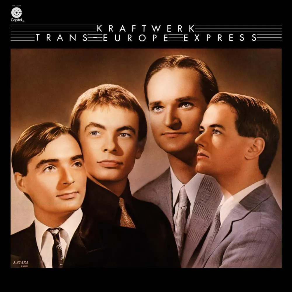 Vintage Kraftwerk album cover with four suited men in stylized portrait poses