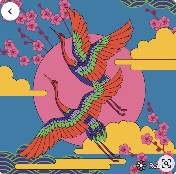 Colorful crane with rainbow wings flying against pink circle and blue sky with yellow clouds and cherry blossoms