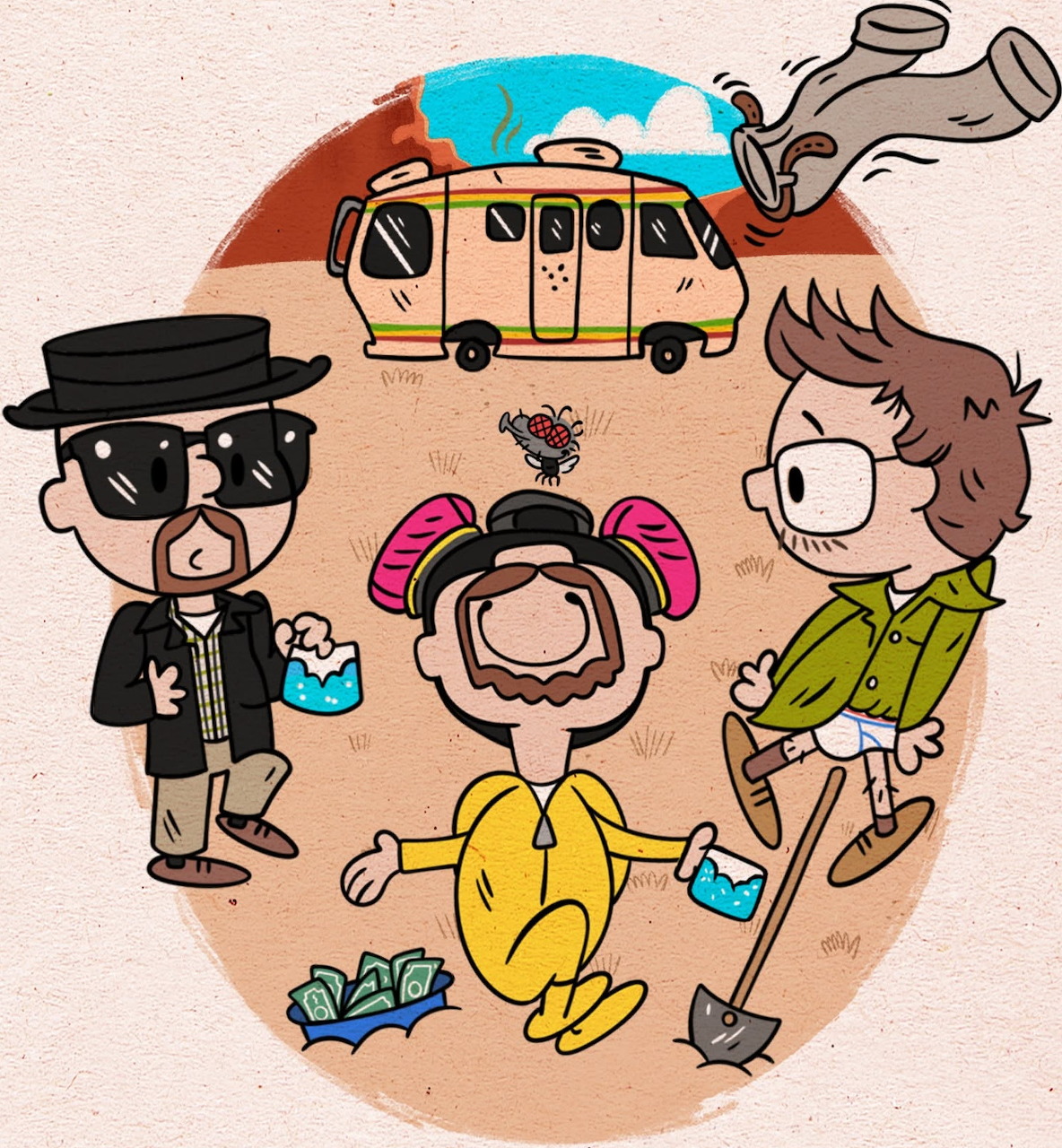 Cartoon illustration of Breaking Bad TV show characters in chibi style with RV camper in desert setting