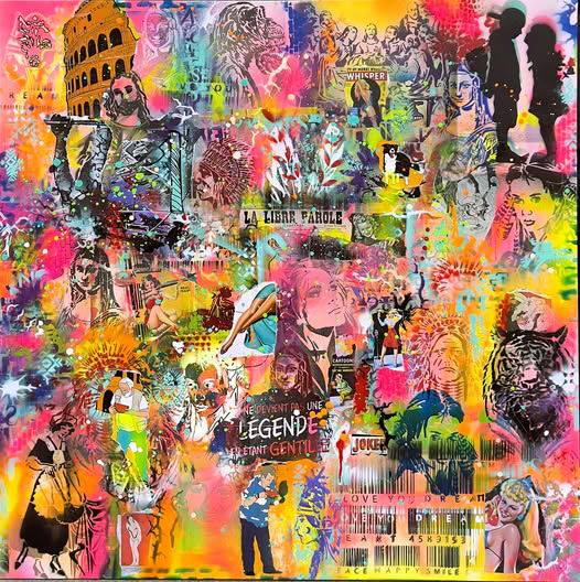 Colorful pop art collage with portraits, text, and bright neon paint splashes in street art style