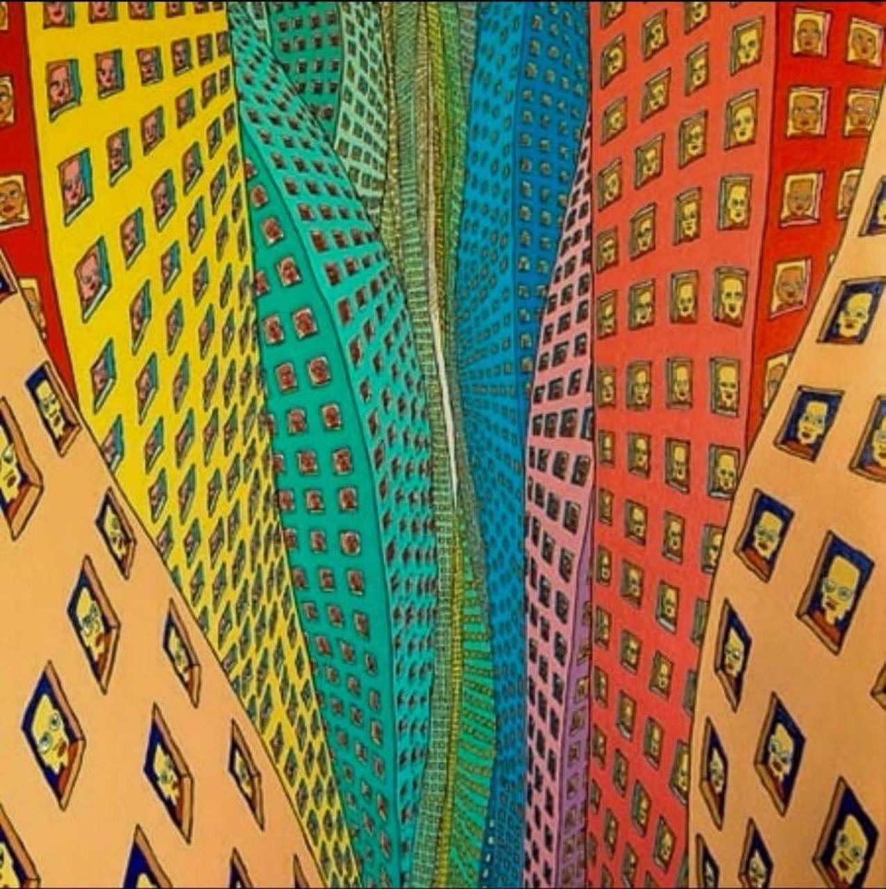 Colorful stylized skyscrapers leaning inward with many windows in a distorted city scene