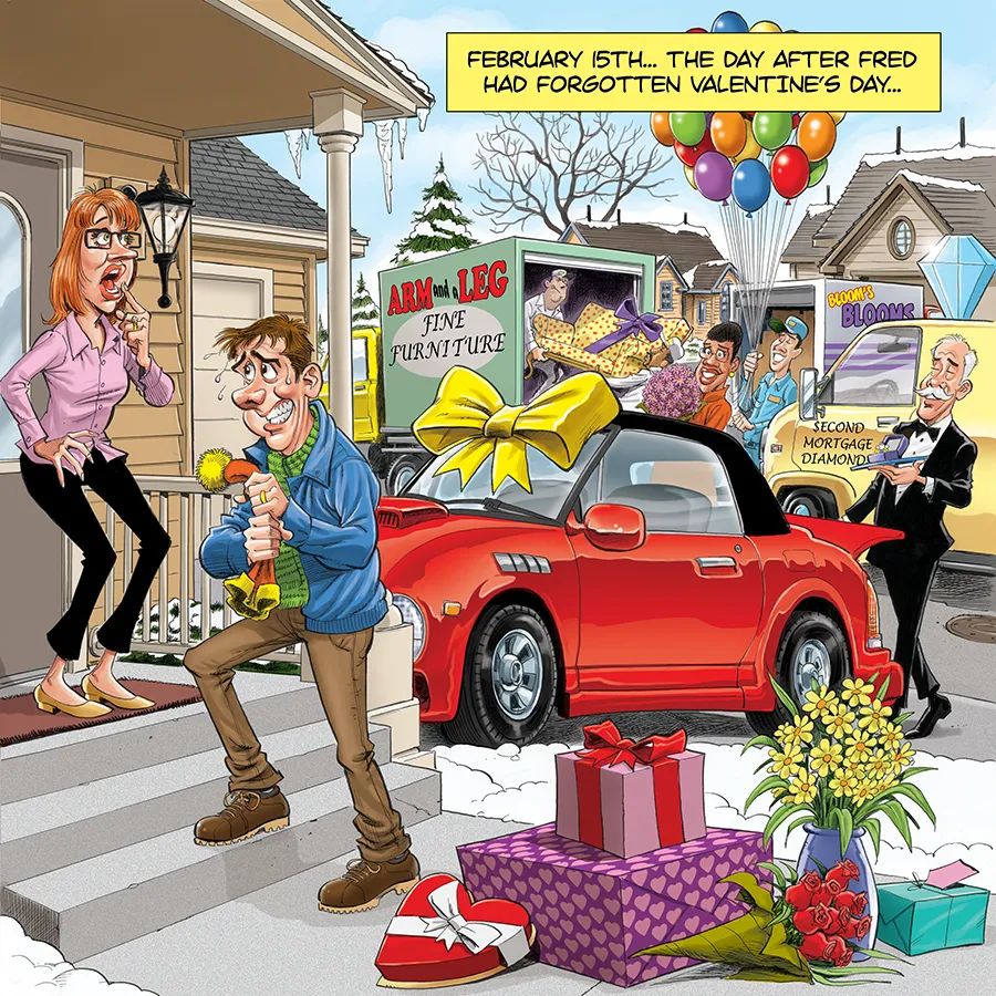 Blindfolded man surprised with a red convertible, balloons, flowers, and gifts in a cartoon scene.