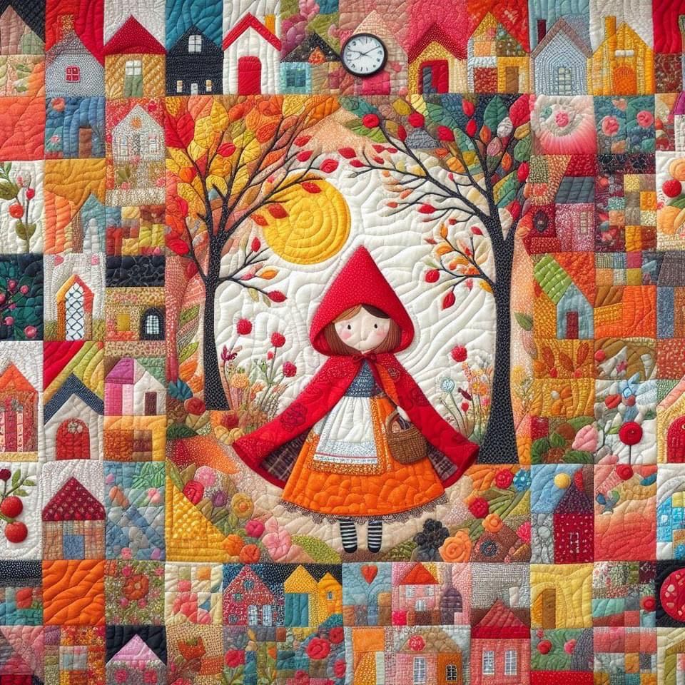 Vibrant patchwork quilt with central red house, autumn tree, and colorful geometric village border in fabric appliqué