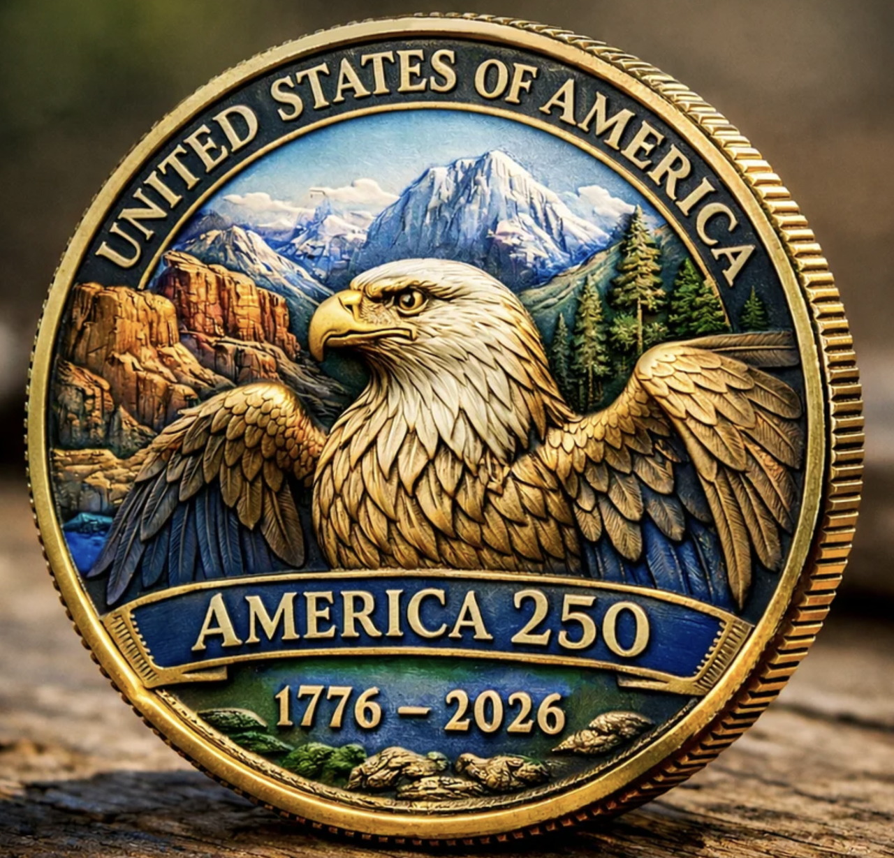 Commemorative America 250 coin with a bald eagle, mountains, trees, and 1776–2026 text