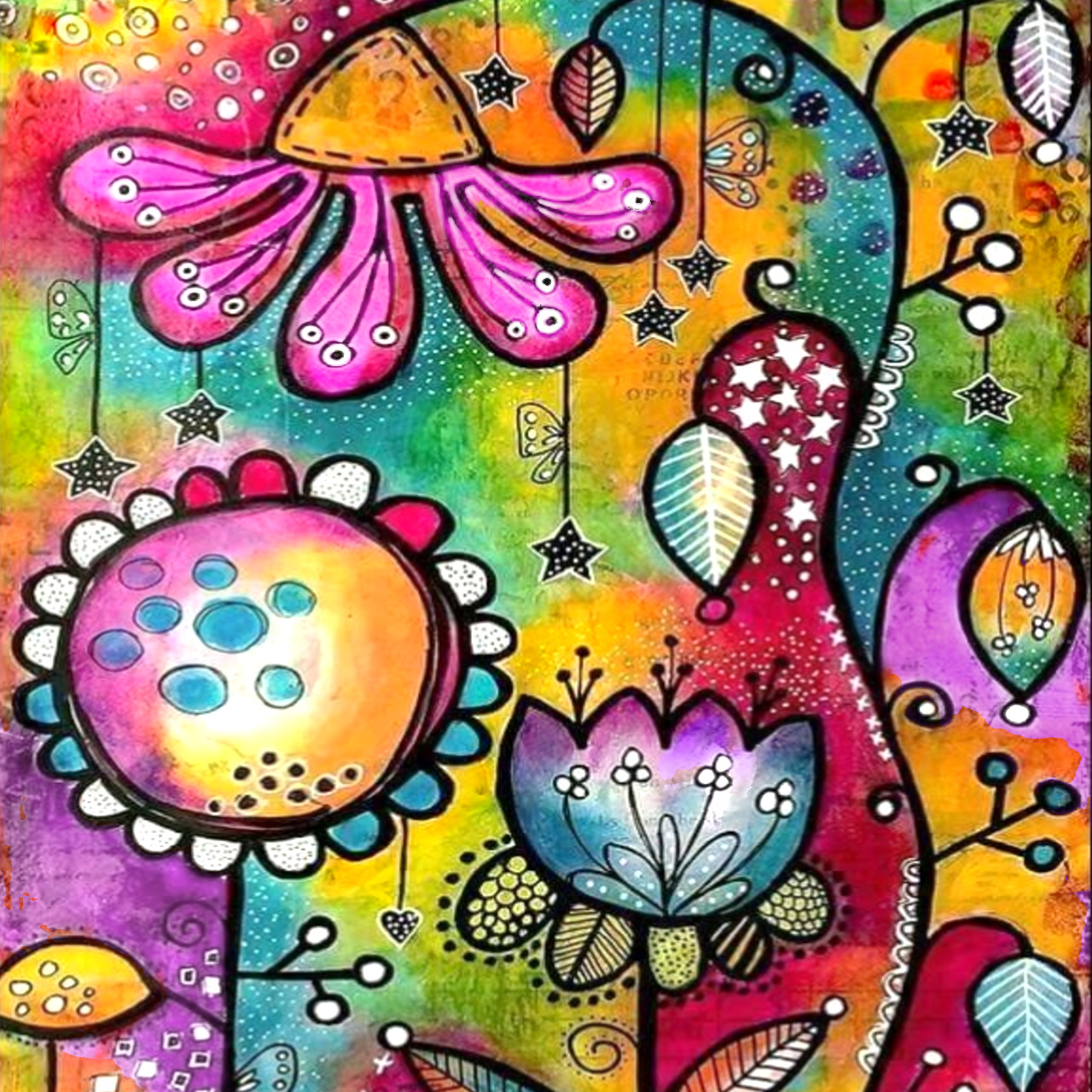 Colorful abstract floral painting with whimsical flowers, doodles, and bright patterned shapes