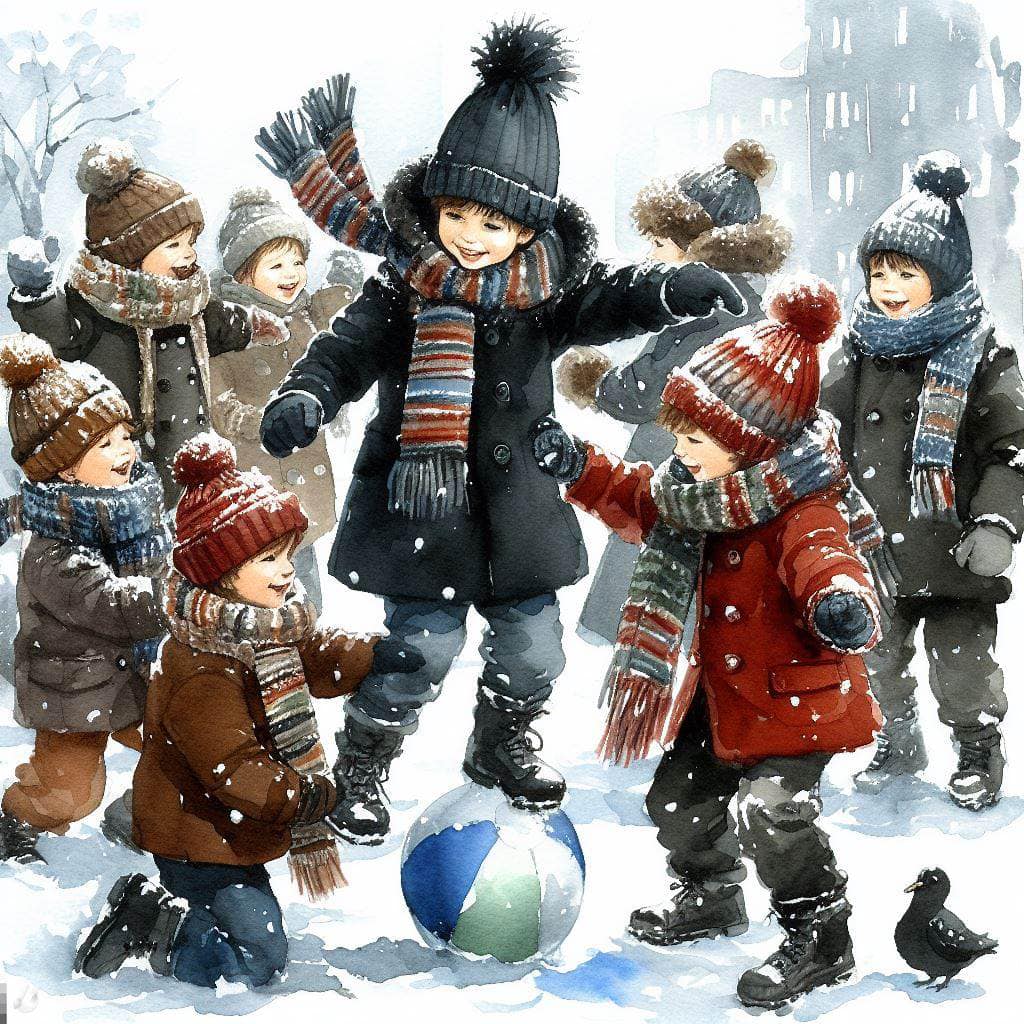 Children in winter coats and hats playing with a ball in snowy scene