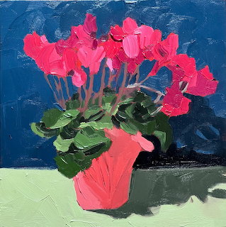 Painting of bright pink cyclamen flowers in a pink pot on a pale green surface with textured blue background