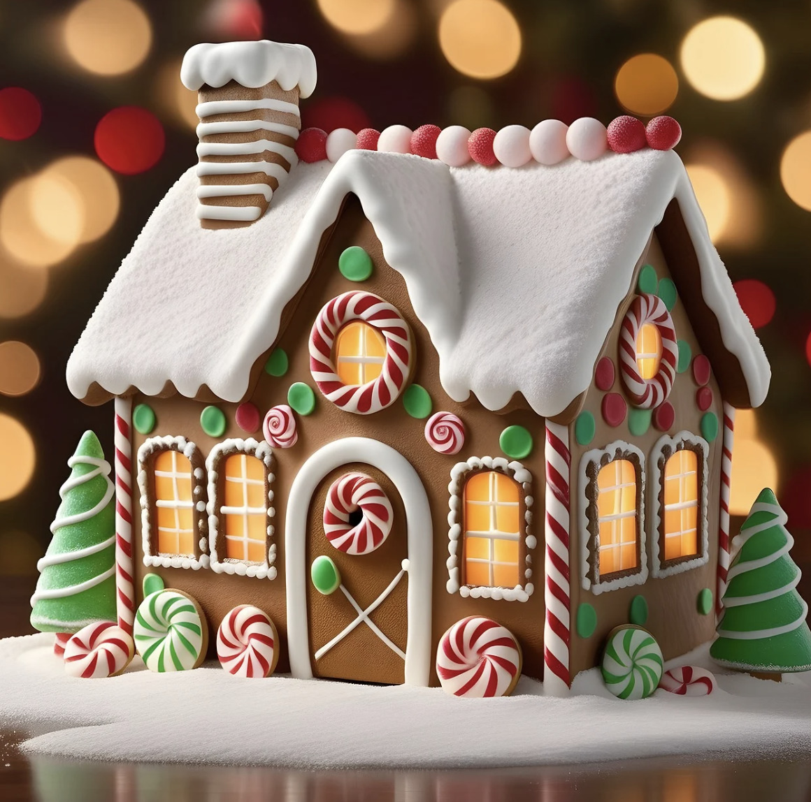 Decorative gingerbread house with candy canes, icing, and Christmas trees on snowy surface with warm bokeh lights