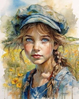 Watercolor painting of a girl with blue eyes and braids wearing a blue hat in a field of yellow flowers