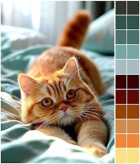 Orange tabby cat with amber eyes resting on teal bedding looking at camera