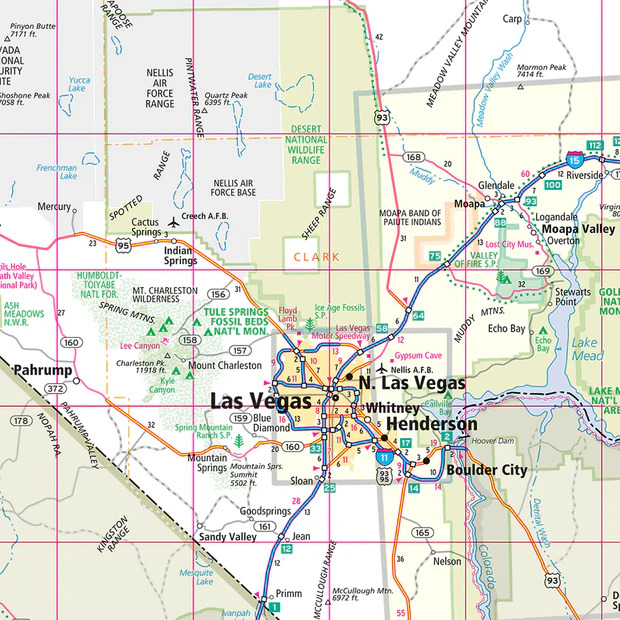 Road and city map of Las Vegas, North Las Vegas, Henderson, and nearby Nevada areas