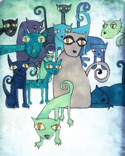 Whimsical watercolor illustration of many blue and green stylized cats grouped together