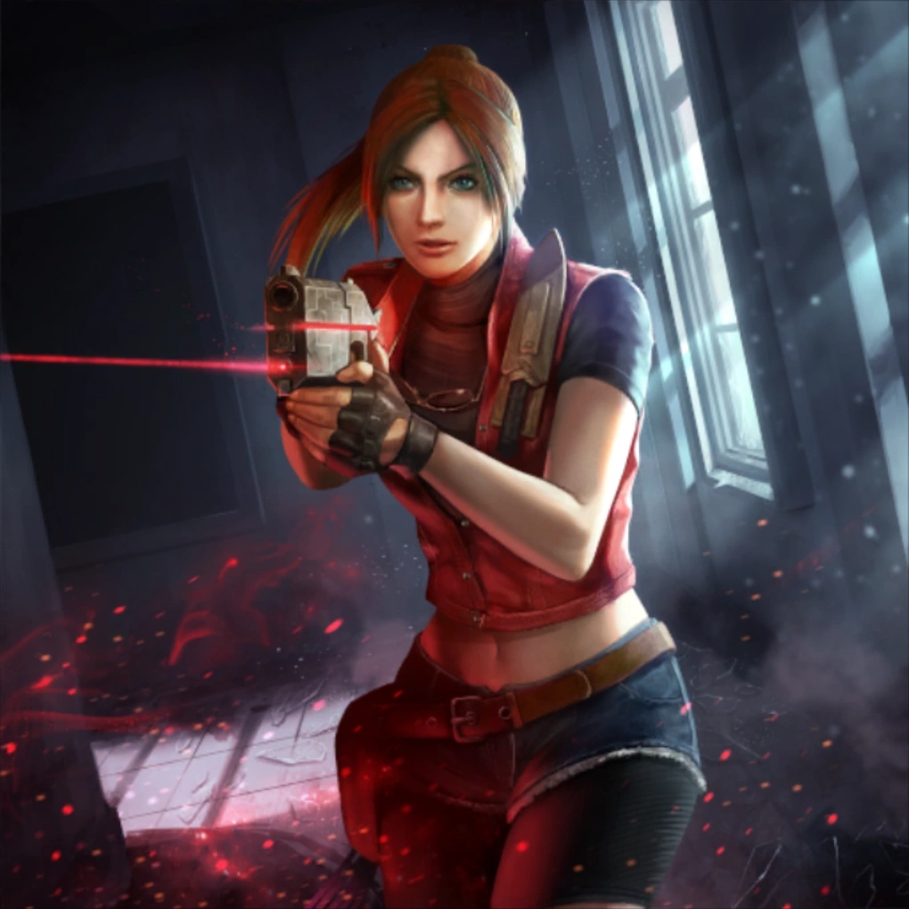 Claire Redfield aiming gun in dark setting with red lighting and debris