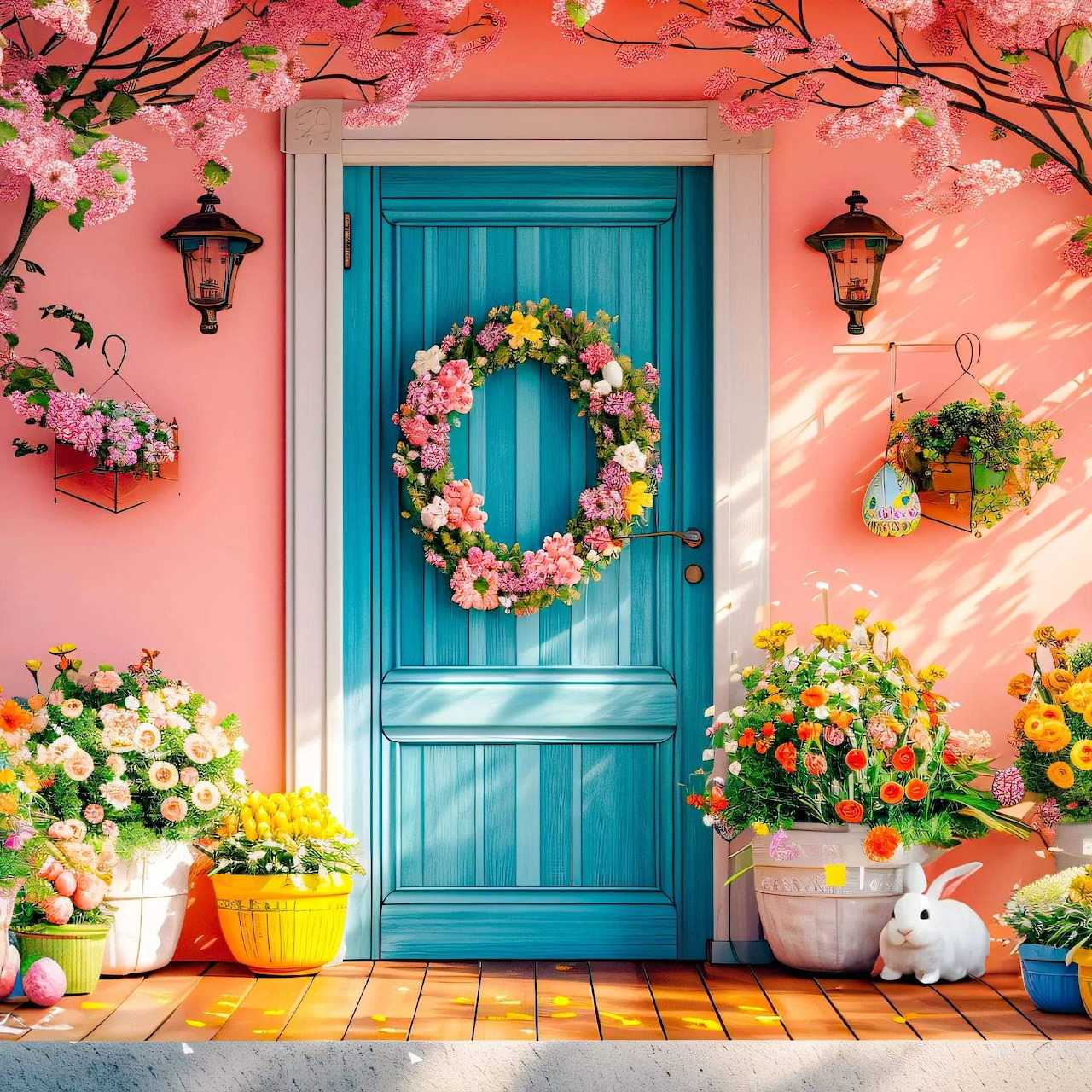 Bright pink house with turquoise door decorated with flower wreath and potted plants