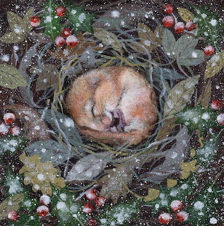 Sleeping mouse curled in nest with winter berries, pine branches, and snow