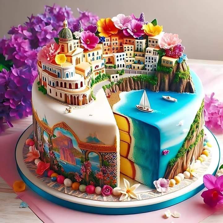 Multi-tiered decorated cake featuring Italian coastal village with colorful buildings, blue water, sailboat, and purple flowers