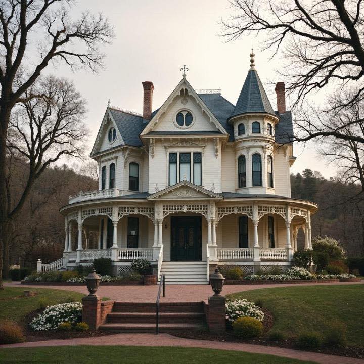 White Victorian mansion with turrets and wraparound porch on landscaped grounds