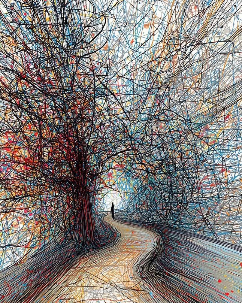 Abstract line art of a winding path beside a large tangled tree with colorful branches