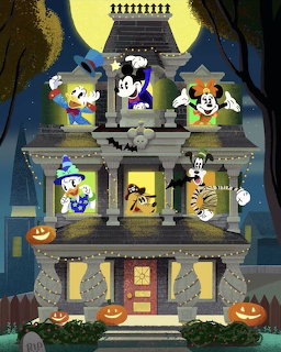 Disney characters in costumes at a haunted house with pumpkins and a moon at night